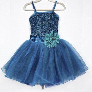 Curtain Call Teal Sequined Bodice Tule Skirt with Flower Dance Costume Size‎ M